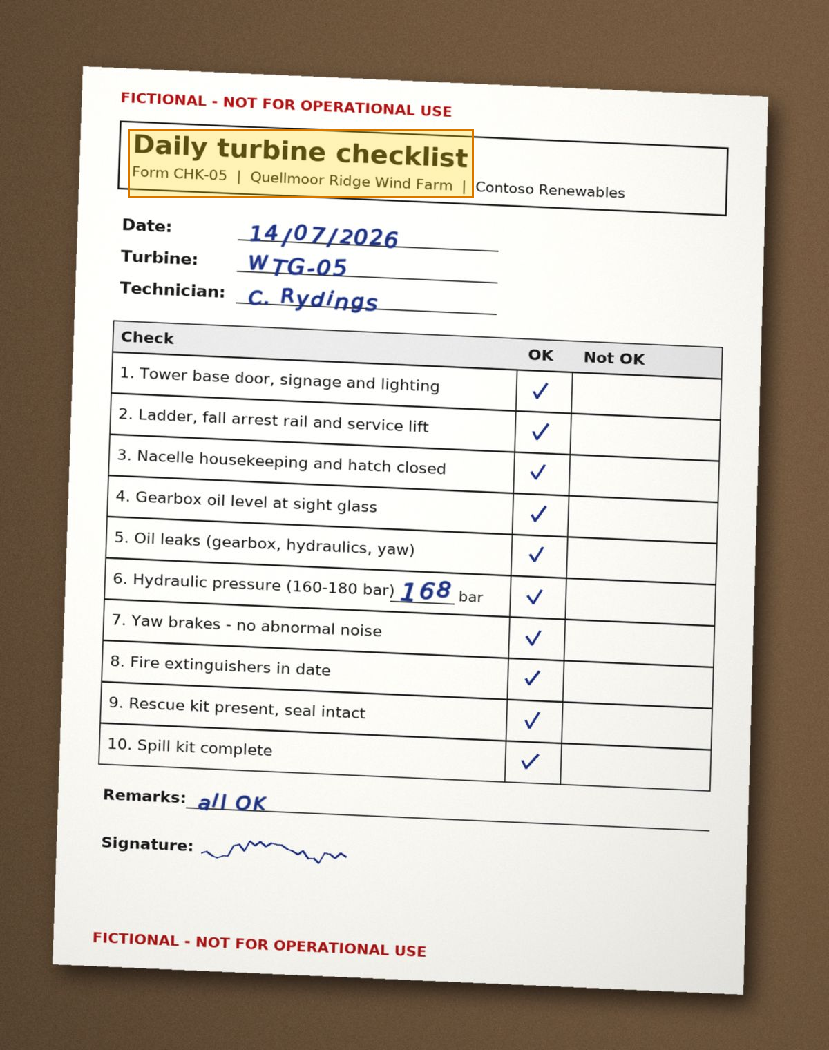 Image of Daily Turbine Checklist Form CHK-05 for WTG-05, 14/07/2026 with the cited regions highlighted