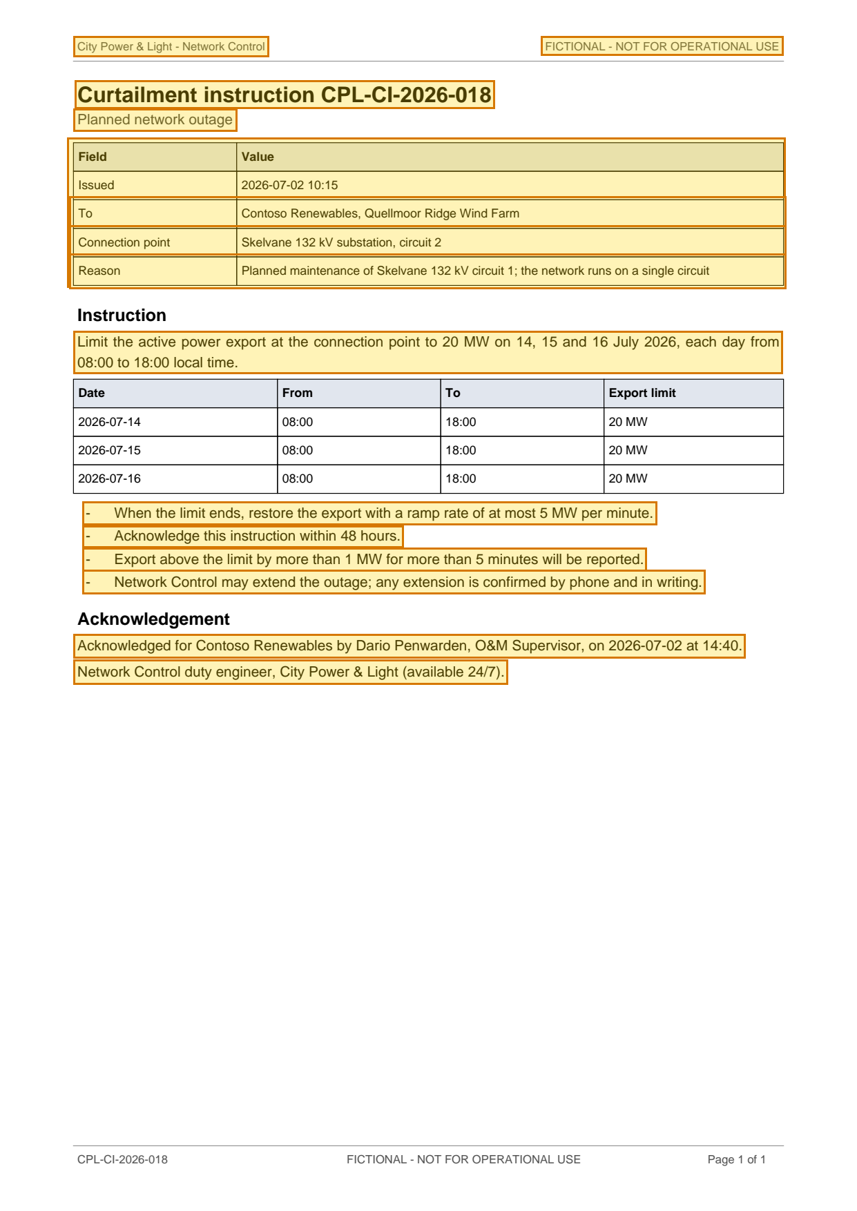 Page 1 of Curtailment instruction CPL-CI-2026-018 with the cited regions highlighted