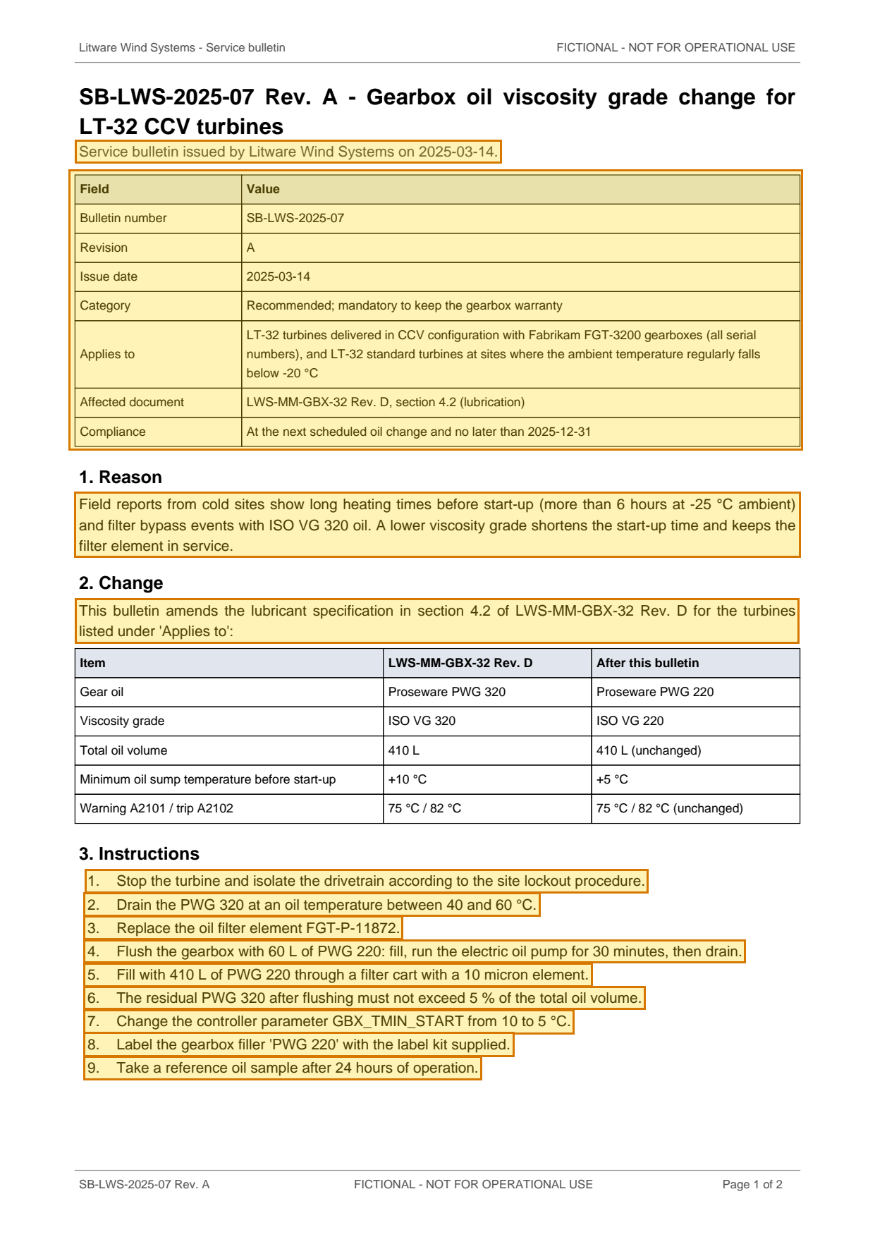 Page 1 of SB-LWS-2025-07 Rev. A - Gearbox oil viscosity grade change for LT-32 CCV turbines with the cited regions highlighted